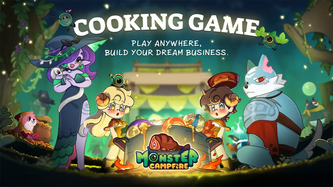 Monster Campfire mobile cooking game featuring fantasy monsters and restaurant business simulation.