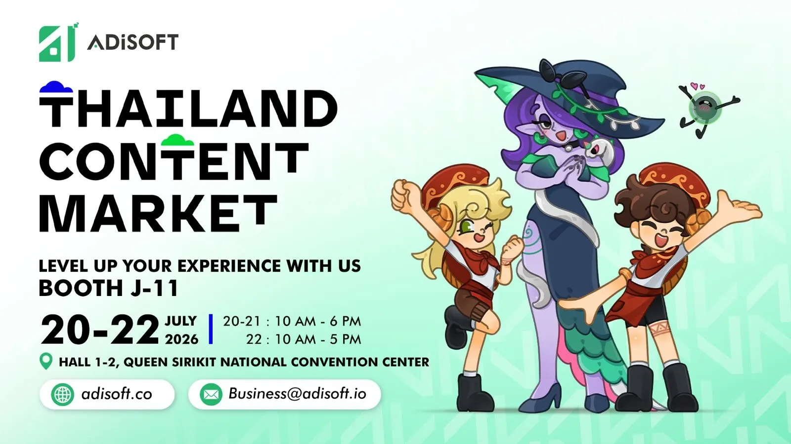 Our gaming studio's booth J-11 at Thailand Content Market 2026, showcasing upcoming games and interactive demos.
